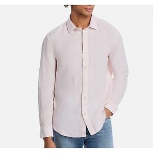 Bloomingdale's Mens Button Up Shirt L 100% Linen Pale Peach Striped Beach Cruise